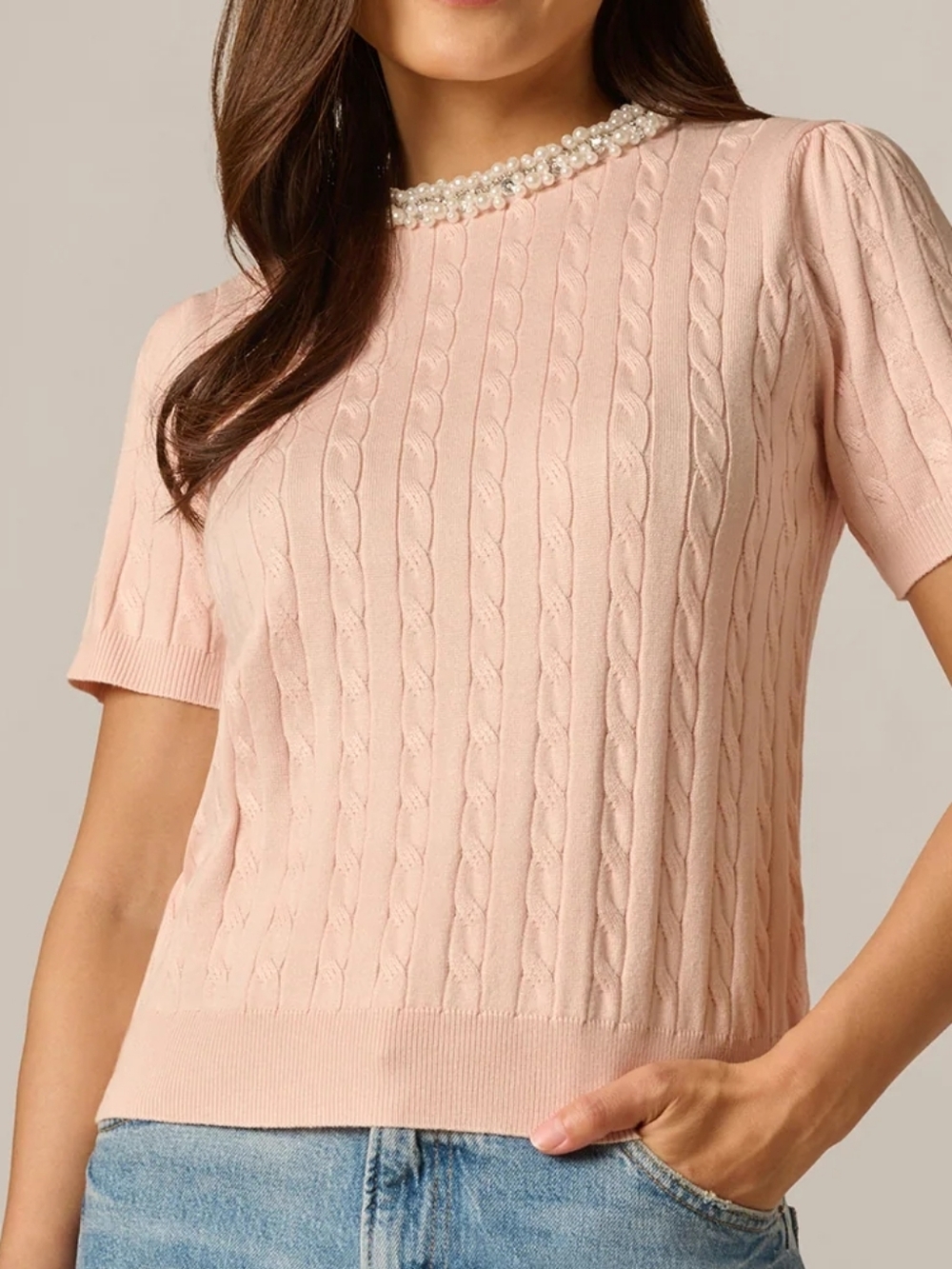 Joie, L, Cashmere, Women's Pink Cable Knit Short-Sleeve Sweater Top